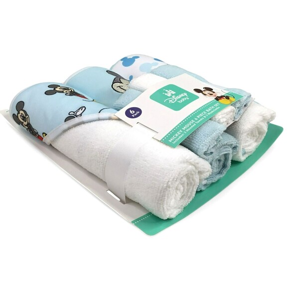 Disney Mickey Mouse Set  3 Hooded Bath Towels 3 Washcloths Infant Blue White NEW - Picture 2 of 8